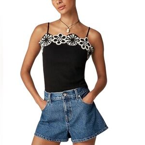 J. Crew Vintage Rib Tank with White Floral Detail NWT M Black